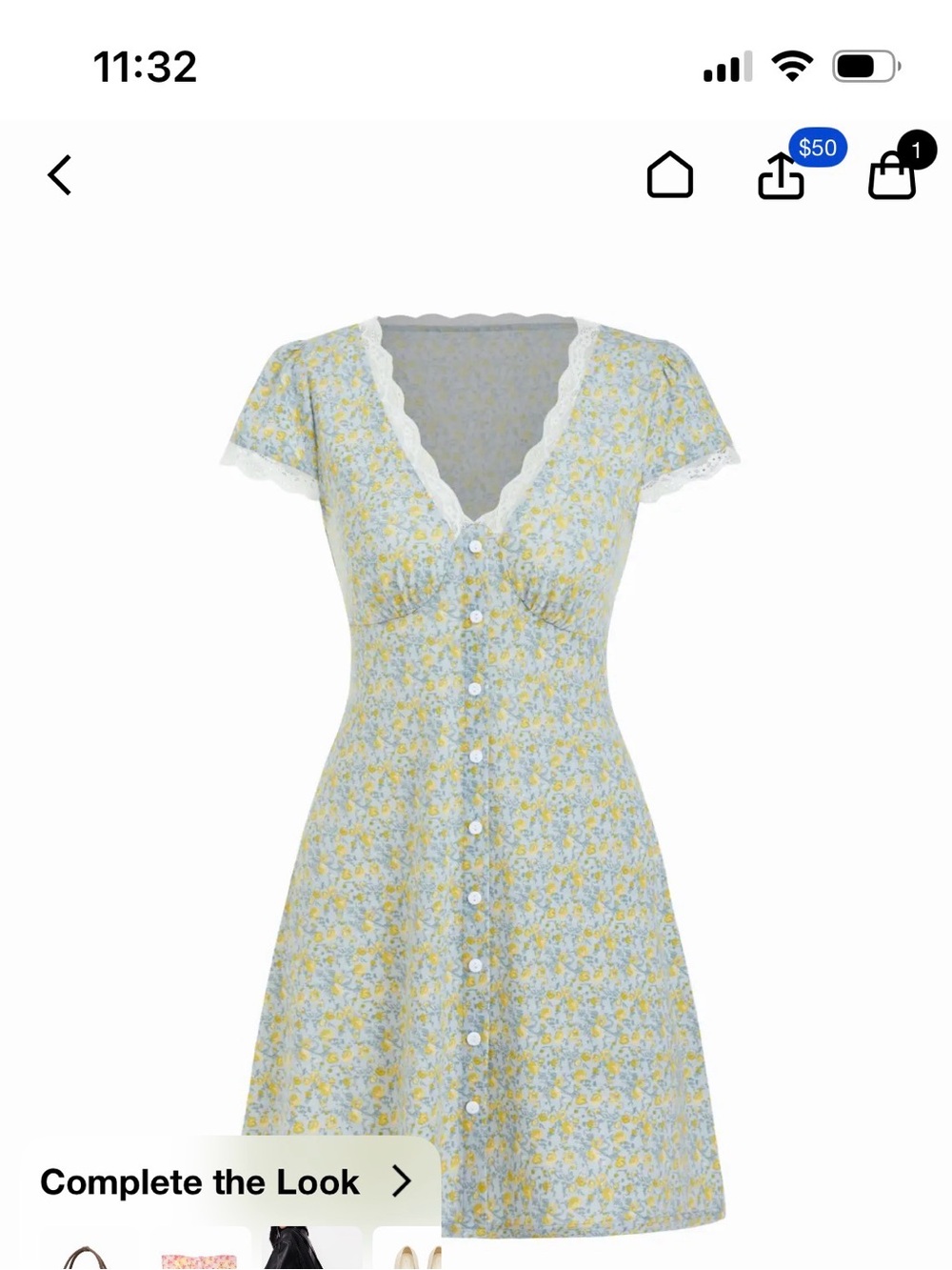 Lace-Trim Floral Button-Front Dress in Light Yellow